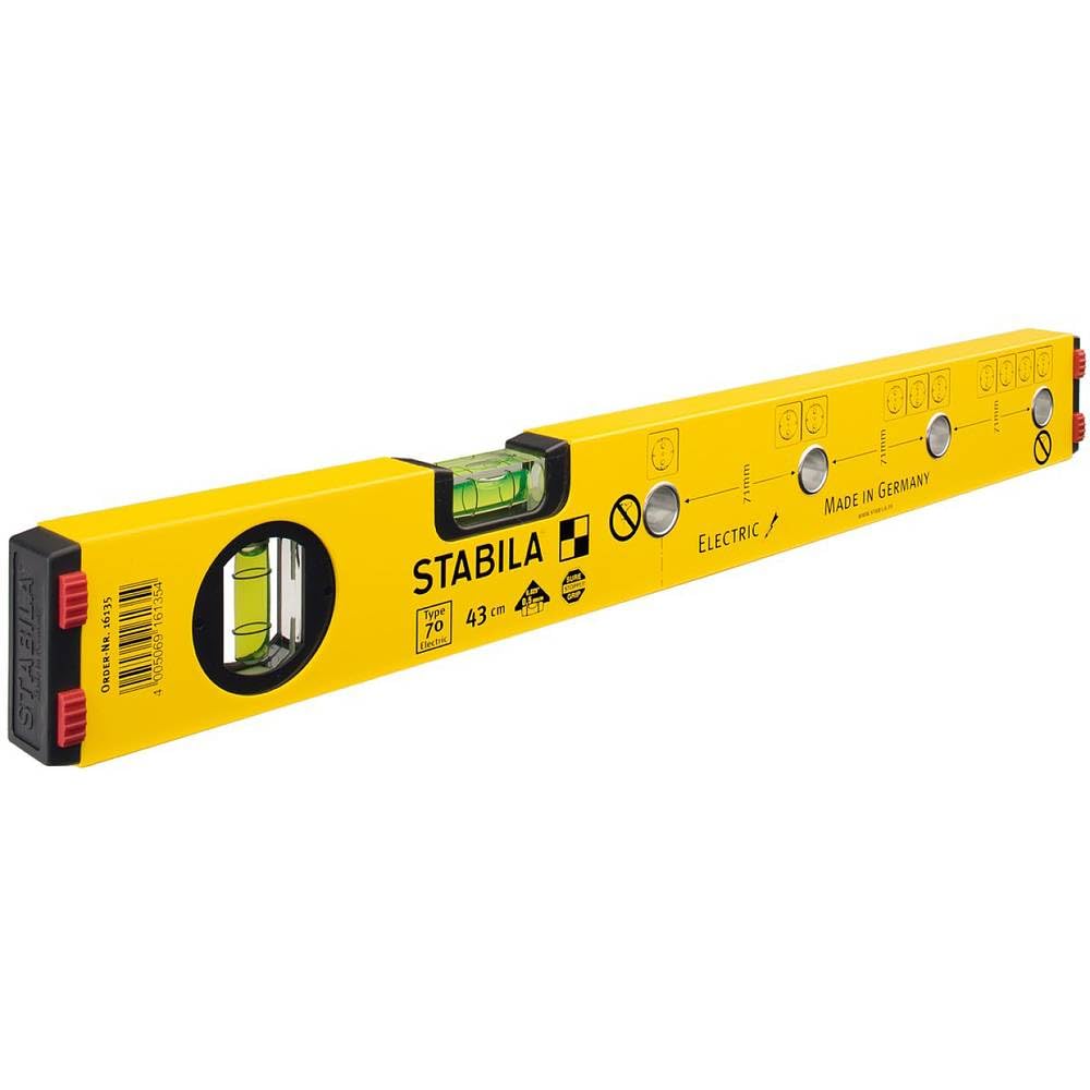 STABILA Elektriker-Wasserwaage Type 70 Electric, 43 cm, leichtes Alu-Profil, 1 Horizontal-Libelle, 1 Vertikal-Libelle, Markierlöcher, Made in Germany, Gelb