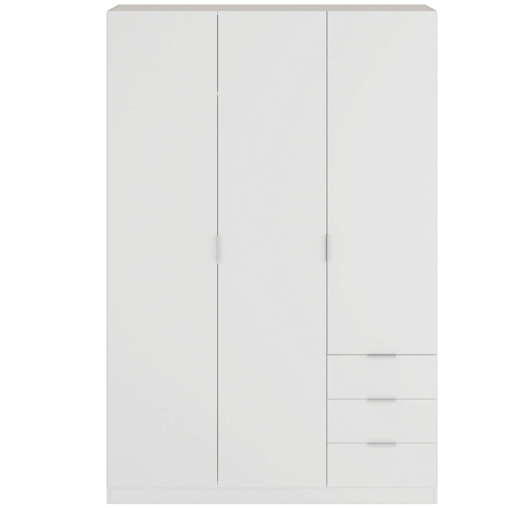 Habitdesign, Kleiderschrank mit 3 Türen und 3 Schubladen – geräumiger Schrank in Artik weiß für Schlafzimmer oder Gästezimmer, Maße: 121 x 180 x 52 cm (B x H x T), Modell Low Cost