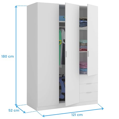 Habitdesign, Kleiderschrank mit 3 Türen und 3 Schubladen – geräumiger Schrank in Artik weiß für Schlafzimmer oder Gästezimmer, Maße: 121 x 180 x 52 cm (B x H x T), Modell Low Cost