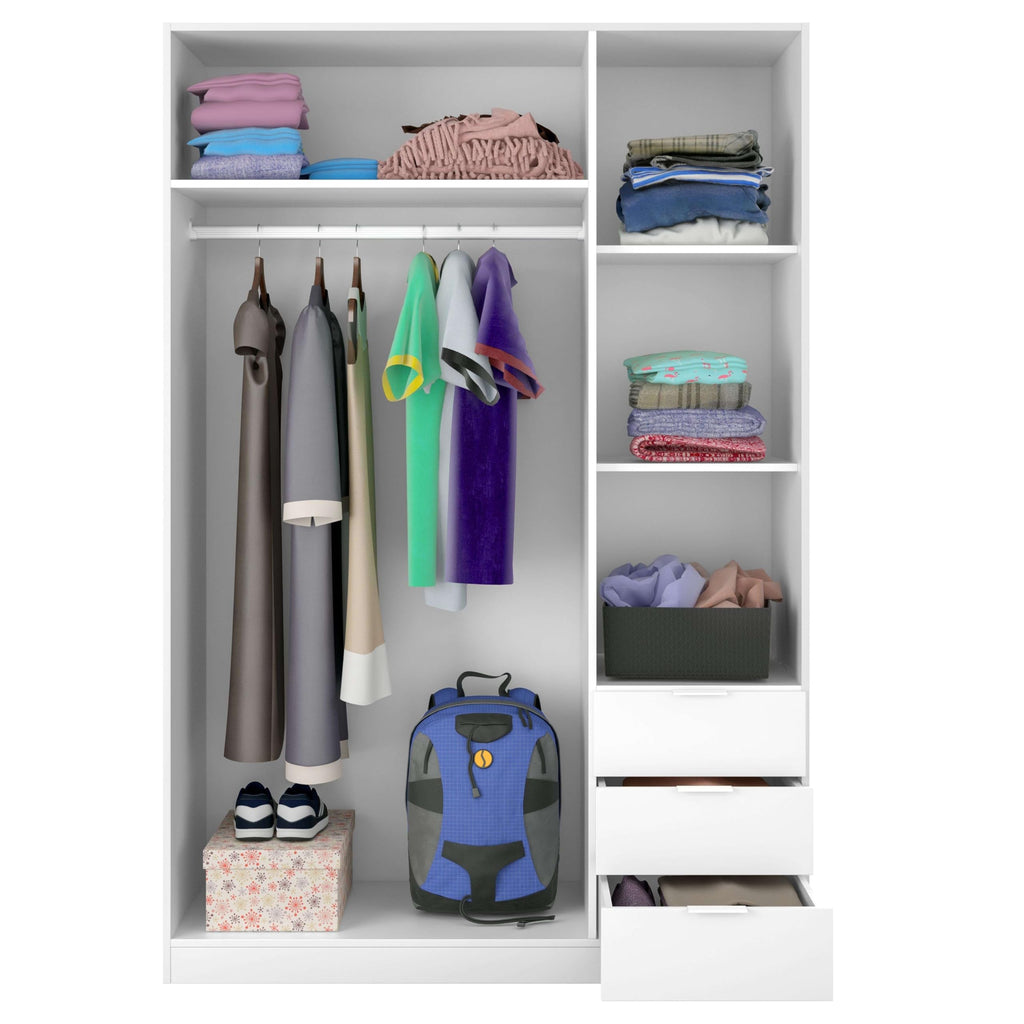 Habitdesign, Kleiderschrank mit 3 Türen und 3 Schubladen – geräumiger Schrank in Artik weiß für Schlafzimmer oder Gästezimmer, Maße: 121 x 180 x 52 cm (B x H x T), Modell Low Cost