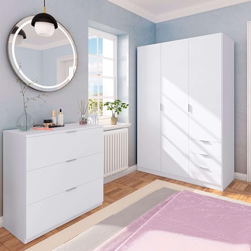 Habitdesign, Kleiderschrank mit 3 Türen und 3 Schubladen – geräumiger Schrank in Artik weiß für Schlafzimmer oder Gästezimmer, Maße: 121 x 180 x 52 cm (B x H x T), Modell Low Cost
