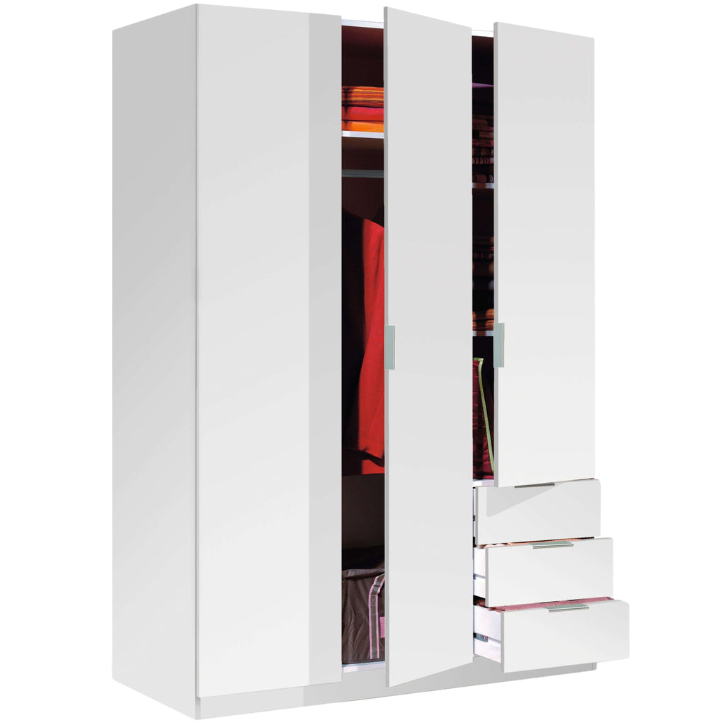 Habitdesign, Kleiderschrank mit 3 Türen und 3 Schubladen – geräumiger Schrank in Artik weiß für Schlafzimmer oder Gästezimmer, Maße: 121 x 180 x 52 cm (B x H x T), Modell Low Cost