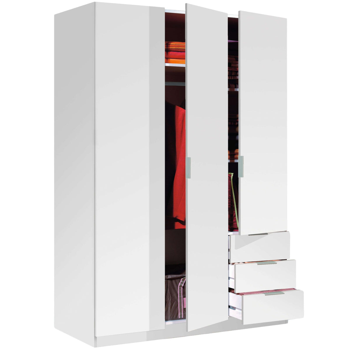 Habitdesign, Kleiderschrank mit 3 Türen und 3 Schubladen – geräumiger Schrank in Artik weiß für Schlafzimmer oder Gästezimmer, Maße: 121 x 180 x 52 cm (B x H x T), Modell Low Cost