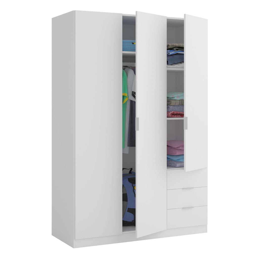 Habitdesign, Kleiderschrank mit 3 Türen und 3 Schubladen – geräumiger Schrank in Artik weiß für Schlafzimmer oder Gästezimmer, Maße: 121 x 180 x 52 cm (B x H x T), Modell Low Cost