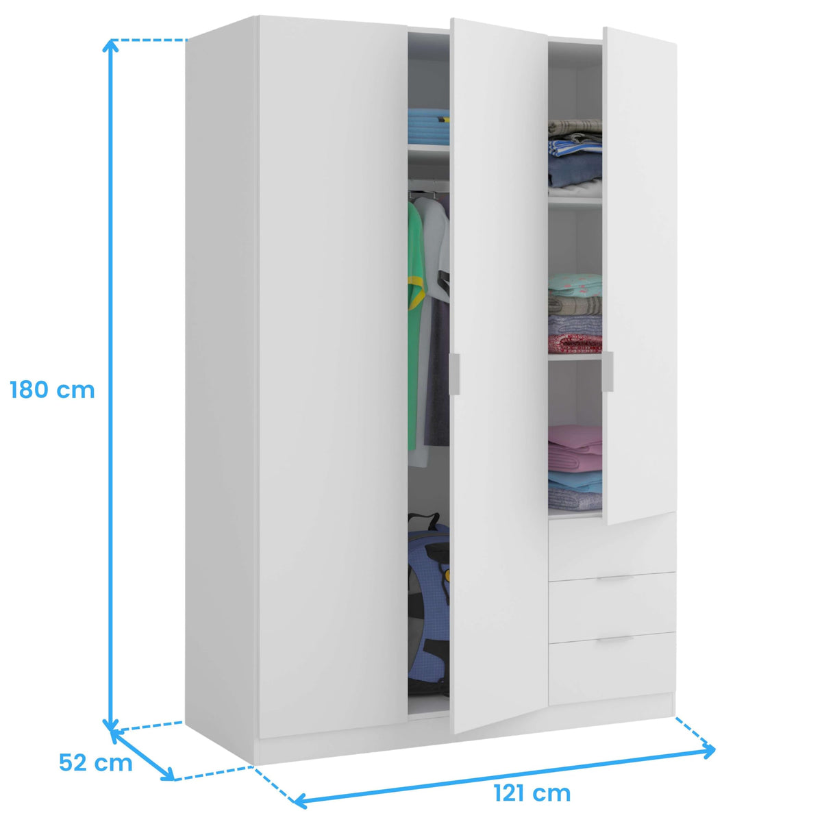 Habitdesign, Kleiderschrank mit 3 Türen und 3 Schubladen – geräumiger Schrank in Artik weiß für Schlafzimmer oder Gästezimmer, Maße: 121 x 180 x 52 cm (B x H x T), Modell Low Cost