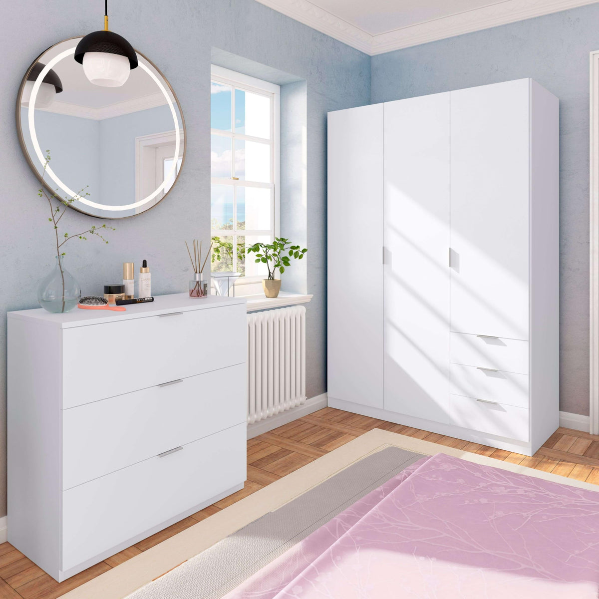 Habitdesign, Kleiderschrank mit 3 Türen und 3 Schubladen – geräumiger Schrank in Artik weiß für Schlafzimmer oder Gästezimmer, Maße: 121 x 180 x 52 cm (B x H x T), Modell Low Cost