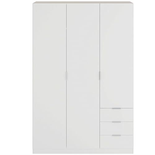 Habitdesign, Kleiderschrank mit 3 Türen und 3 Schubladen – geräumiger Schrank in Artik weiß für Schlafzimmer oder Gästezimmer, Maße: 121 x 180 x 52 cm (B x H x T), Modell Low Cost