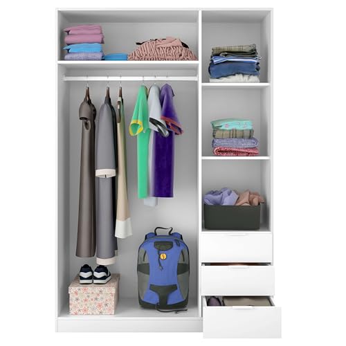 Habitdesign, Kleiderschrank mit 3 Türen und 3 Schubladen – geräumiger Schrank in Artik weiß für Schlafzimmer oder Gästezimmer, Maße: 121 x 180 x 52 cm (B x H x T), Modell Low Cost