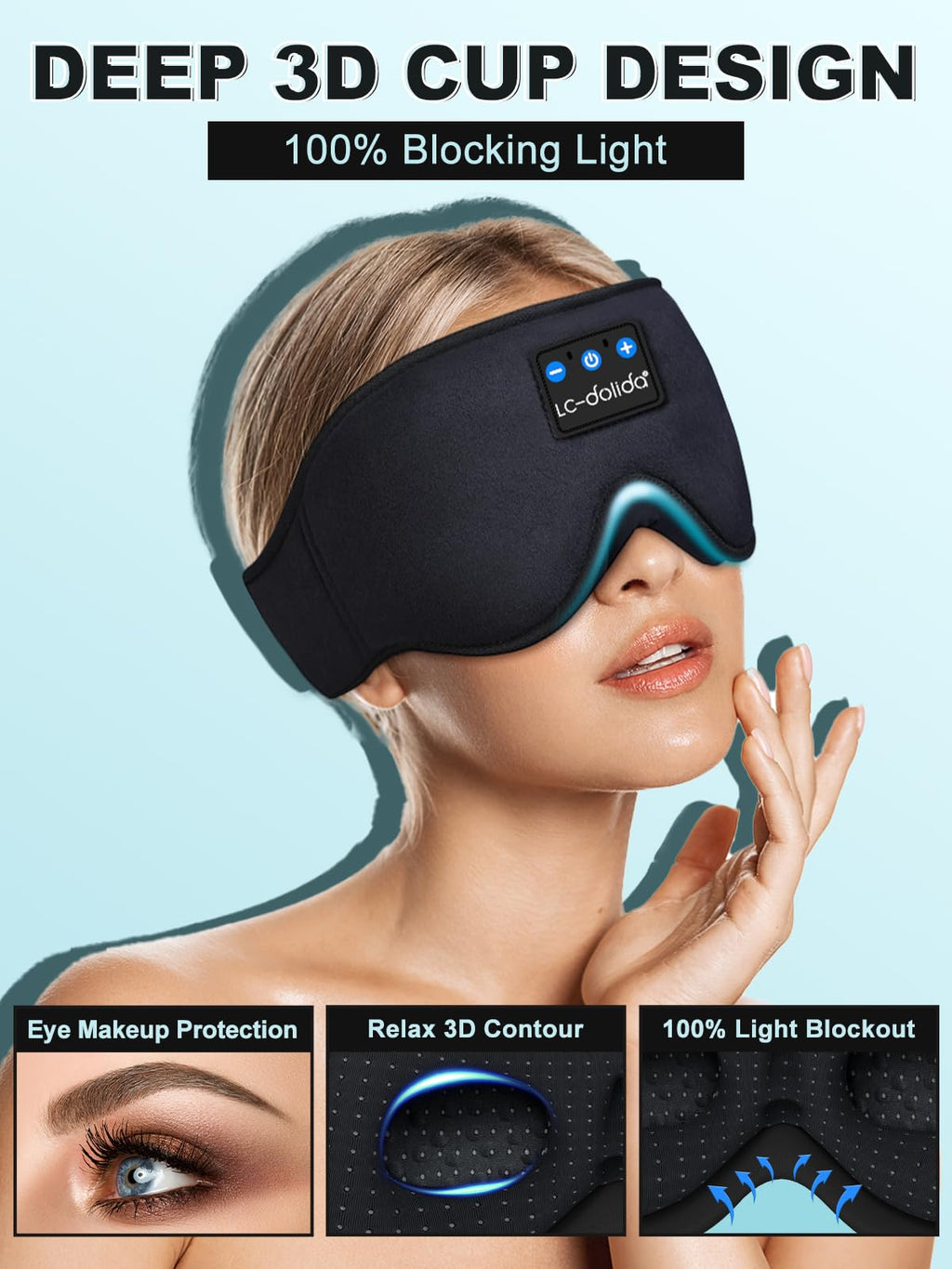LC-dolida Schlafmaske mit Kopfhörer Bluetooth V5.4, 3D Schlafkopfhörer Atmungsaktive für Frauen Herren,Augenmaske Baumwolle Waschbar Schlafbrille mit Mikrofon für Reisen/Nickerchen/Yoga/Meditation