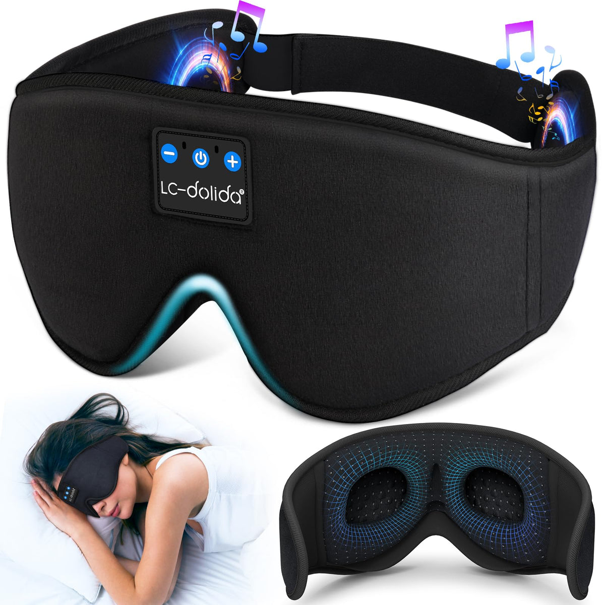 LC-dolida Schlafmaske mit Kopfhörer Bluetooth V5.4, 3D Schlafkopfhörer Atmungsaktive für Frauen Herren,Augenmaske Baumwolle Waschbar Schlafbrille mit Mikrofon für Reisen/Nickerchen/Yoga/Meditation