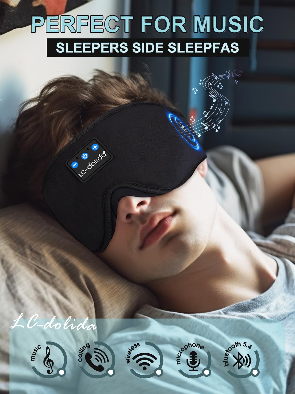 LC-dolida Schlafmaske mit Kopfhörer Bluetooth V5.4, 3D Schlafkopfhörer Atmungsaktive für Frauen Herren,Augenmaske Baumwolle Waschbar Schlafbrille mit Mikrofon für Reisen/Nickerchen/Yoga/Meditation