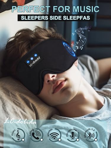 LC-dolida Schlafmaske mit Kopfhörer Bluetooth V5.4, 3D Schlafkopfhörer Atmungsaktive für Frauen Herren,Augenmaske Baumwolle Waschbar Schlafbrille mit Mikrofon für Reisen/Nickerchen/Yoga/Meditation