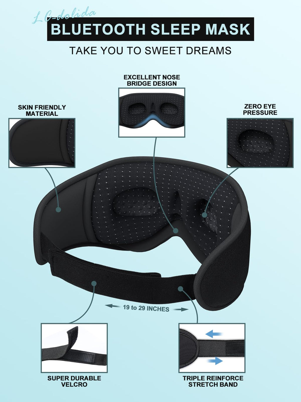 LC-dolida Schlafmaske mit Kopfhörer Bluetooth V5.4, 3D Schlafkopfhörer Atmungsaktive für Frauen Herren,Augenmaske Baumwolle Waschbar Schlafbrille mit Mikrofon für Reisen/Nickerchen/Yoga/Meditation