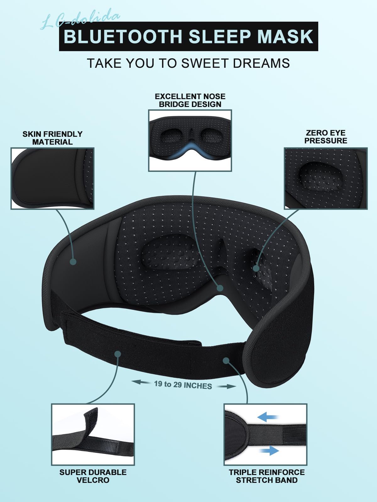 LC-dolida Schlafmaske mit Kopfhörer Bluetooth V5.4, 3D Schlafkopfhörer Atmungsaktive für Frauen Herren,Augenmaske Baumwolle Waschbar Schlafbrille mit Mikrofon für Reisen/Nickerchen/Yoga/Meditation