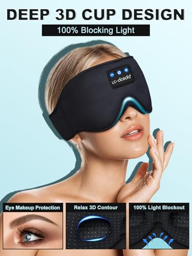 LC-dolida Schlafmaske mit Kopfhörer Bluetooth V5.4, 3D Schlafkopfhörer Atmungsaktive für Frauen Herren,Augenmaske Baumwolle Waschbar Schlafbrille mit Mikrofon für Reisen/Nickerchen/Yoga/Meditation
