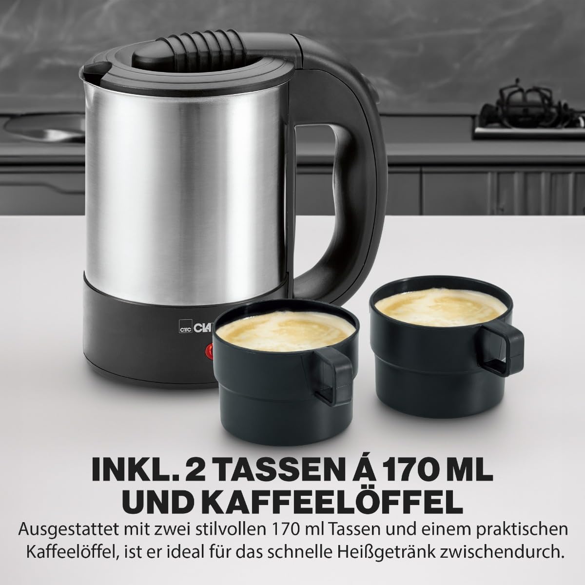 Clatronic® Wasserkocher klein 0,5 Liter | Reisewasserkocher inkl. 2 Tassen, Reisebeutel und Löffel | Edelstahlgehäuse | Mini Wasserkocher | 1000W | Camping Wasserkocher | WKR 3624