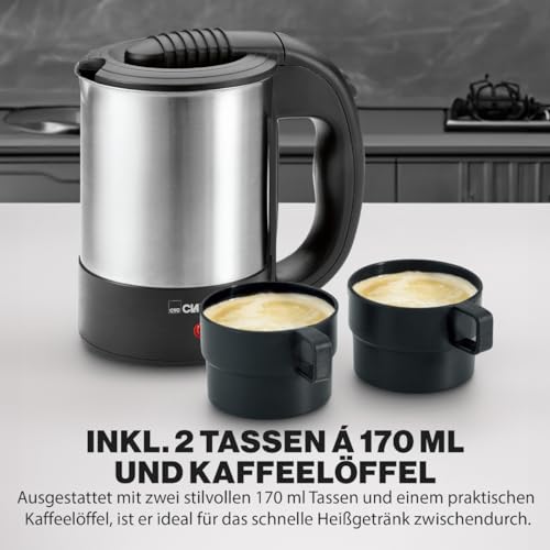 Clatronic® Wasserkocher klein 0,5 Liter | Reisewasserkocher inkl. 2 Tassen, Reisebeutel und Löffel | Edelstahlgehäuse | Mini Wasserkocher | 1000W | Camping Wasserkocher | WKR 3624