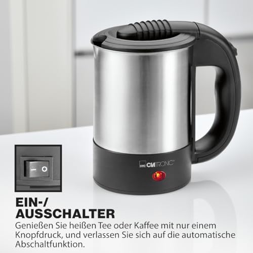 Clatronic® Wasserkocher klein 0,5 Liter | Reisewasserkocher inkl. 2 Tassen, Reisebeutel und Löffel | Edelstahlgehäuse | Mini Wasserkocher | 1000W | Camping Wasserkocher | WKR 3624