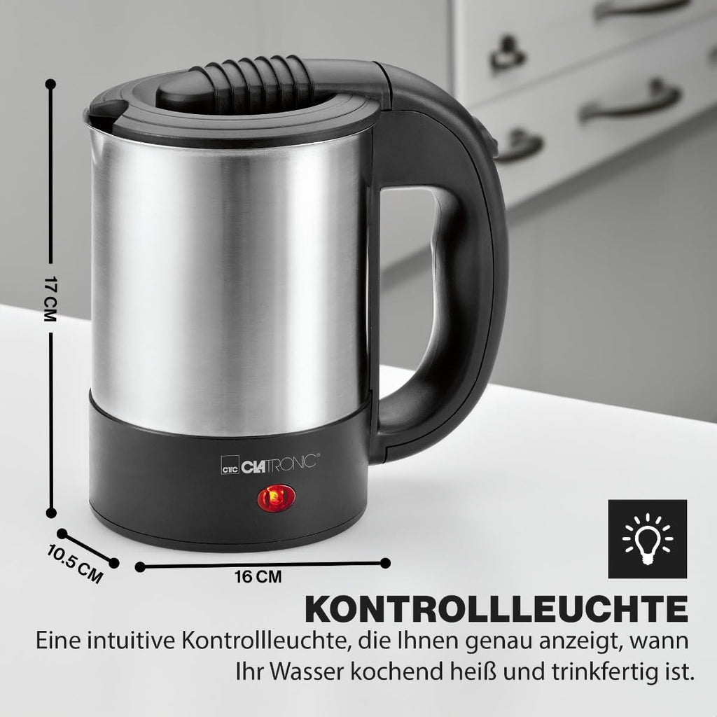 Clatronic® Wasserkocher klein 0,5 Liter | Reisewasserkocher inkl. 2 Tassen, Reisebeutel und Löffel | Edelstahlgehäuse | Mini Wasserkocher | 1000W | Camping Wasserkocher | WKR 3624