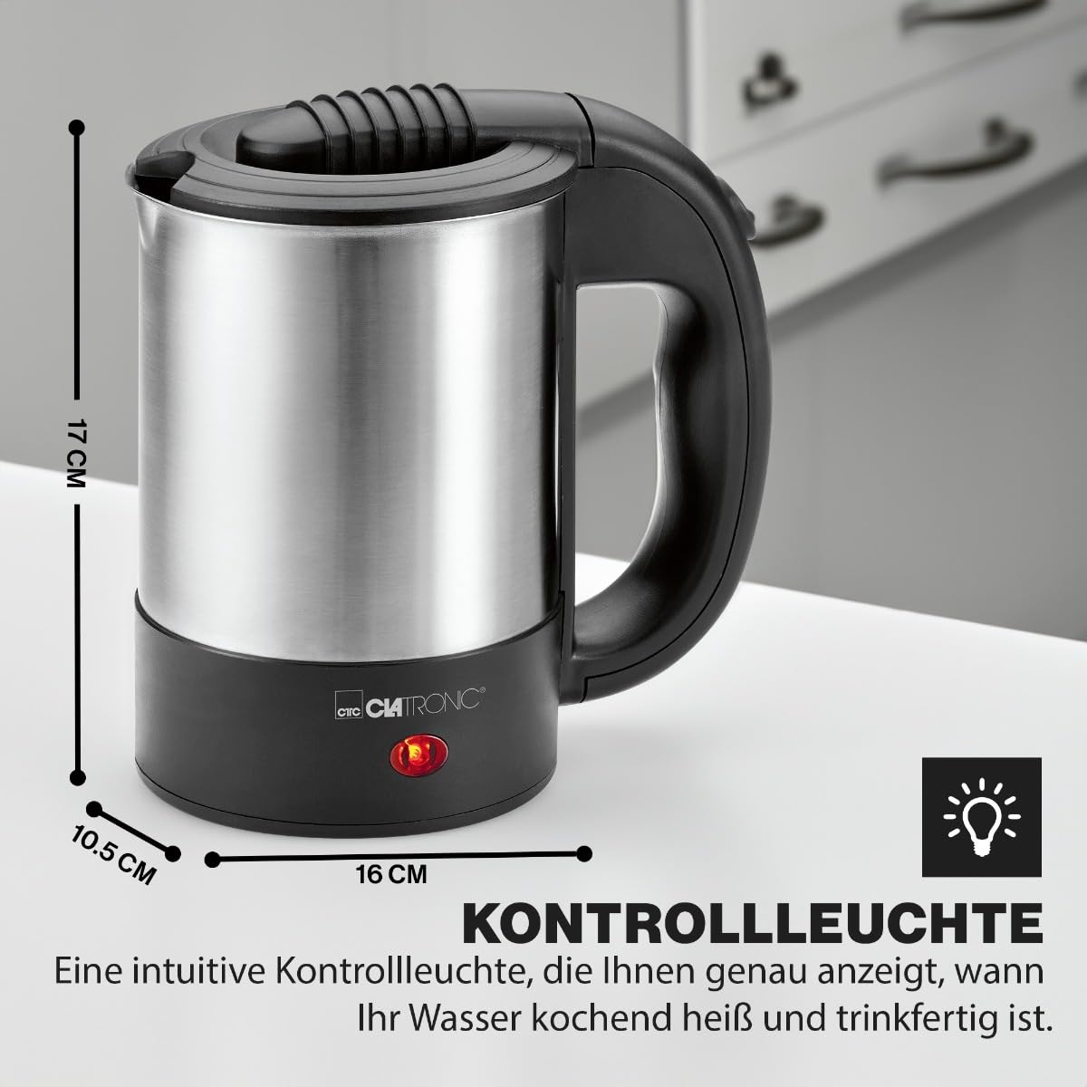 Clatronic® Wasserkocher klein 0,5 Liter | Reisewasserkocher inkl. 2 Tassen, Reisebeutel und Löffel | Edelstahlgehäuse | Mini Wasserkocher | 1000W | Camping Wasserkocher | WKR 3624