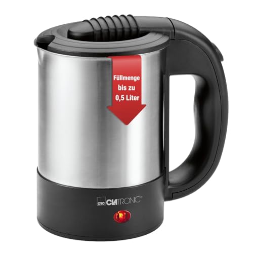 Clatronic® Wasserkocher klein 0,5 Liter | Reisewasserkocher inkl. 2 Tassen, Reisebeutel und Löffel | Edelstahlgehäuse | Mini Wasserkocher | 1000W | Camping Wasserkocher | WKR 3624