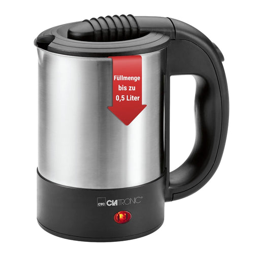Clatronic® Wasserkocher klein 0,5 Liter | Reisewasserkocher inkl. 2 Tassen, Reisebeutel und Löffel | Edelstahlgehäuse | Mini Wasserkocher | 1000W | Camping Wasserkocher | WKR 3624