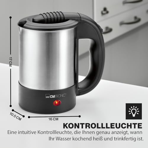 Clatronic® Wasserkocher klein 0,5 Liter | Reisewasserkocher inkl. 2 Tassen, Reisebeutel und Löffel | Edelstahlgehäuse | Mini Wasserkocher | 1000W | Camping Wasserkocher | WKR 3624