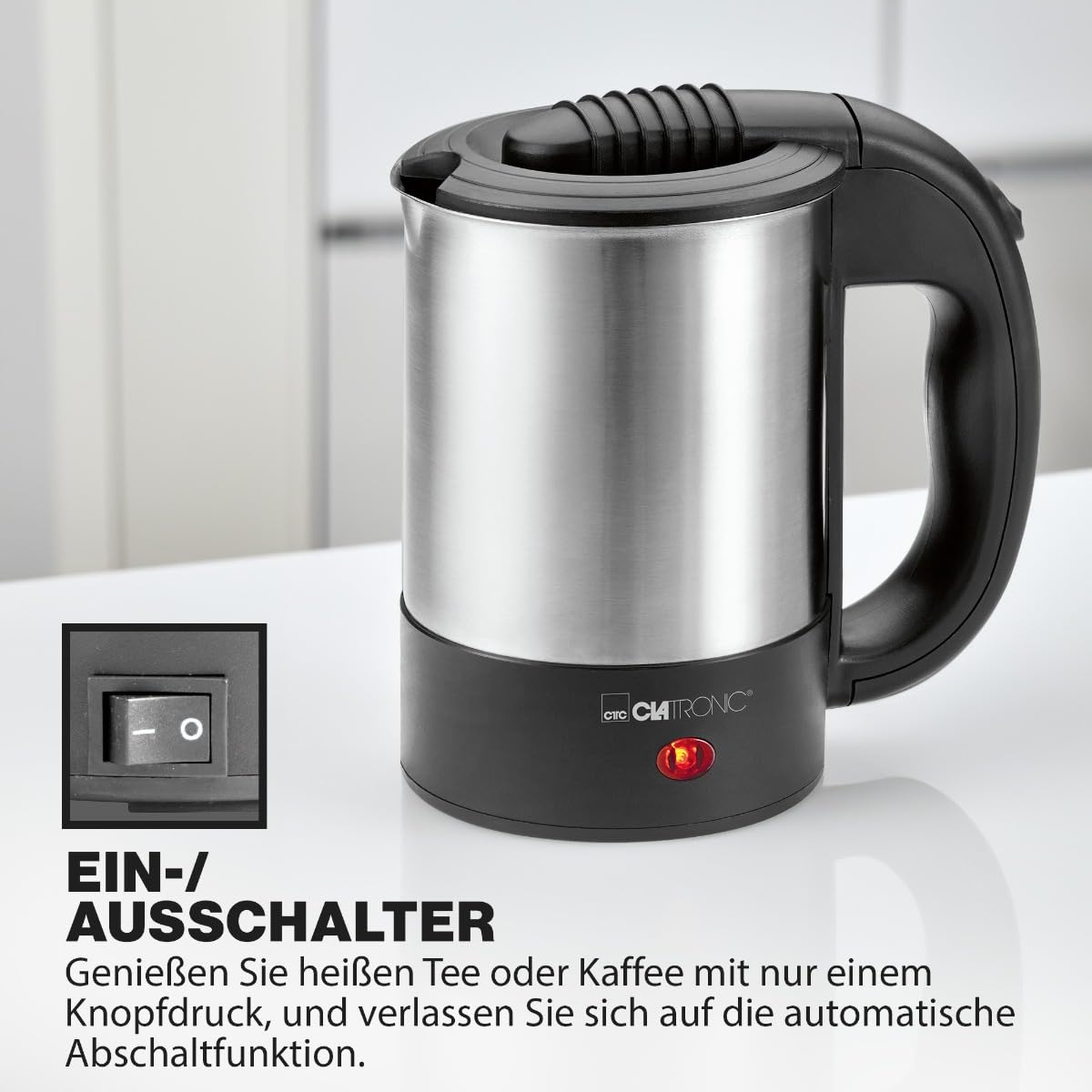 Clatronic® Wasserkocher klein 0,5 Liter | Reisewasserkocher inkl. 2 Tassen, Reisebeutel und Löffel | Edelstahlgehäuse | Mini Wasserkocher | 1000W | Camping Wasserkocher | WKR 3624