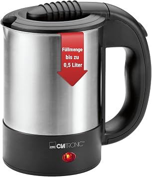 Clatronic® Wasserkocher klein 0,5 Liter | Reisewasserkocher inkl. 2 Tassen, Reisebeutel und Löffel | Edelstahlgehäuse | Mini Wasserkocher | 1000W | Camping Wasserkocher | WKR 3624