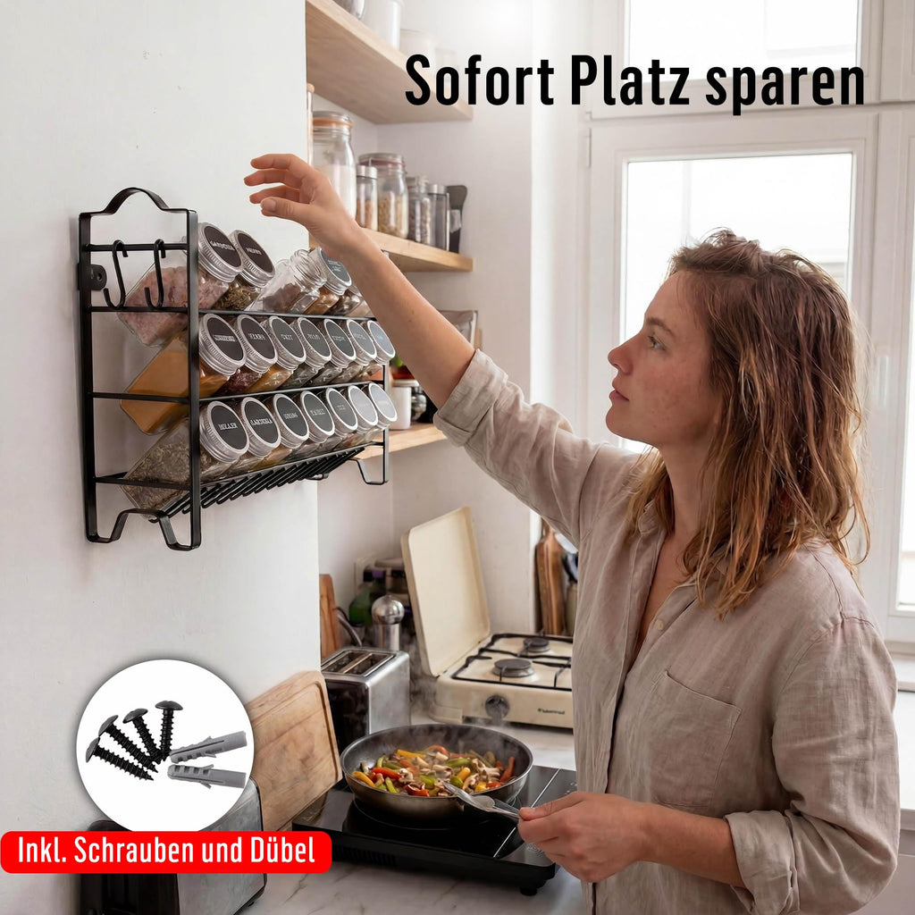 Deco haus® Gewürzregal Stehend & Wand [MIT GEWÜRZDOSEN & ETIKETTEN] - Gewürz Organizer - Spice Rack Organizer - Gewürzständer - Gewürzregalsystem Hängend - Gewürzaufbewahrung - Gewürzgläser mit Regal