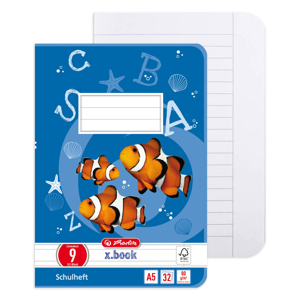 herlitz Schulheft x.book A5, Lineatur 9, 4. Klasse, liniert mit weißem Rand, 32 Blatt, 5 Stück