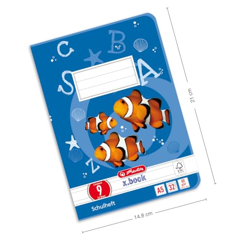 herlitz Schulheft x.book A5, Lineatur 9, 4. Klasse, liniert mit weißem Rand, 32 Blatt, 5 Stück