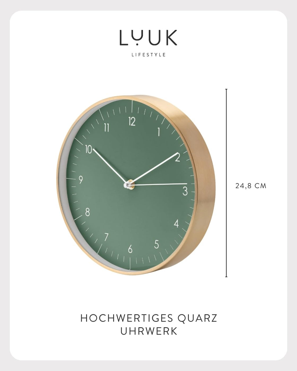 LUUK LIFESTYLE Moderne Quarz Wanduhr, Geräuschlos, 24,8cm, Dunkelgrün