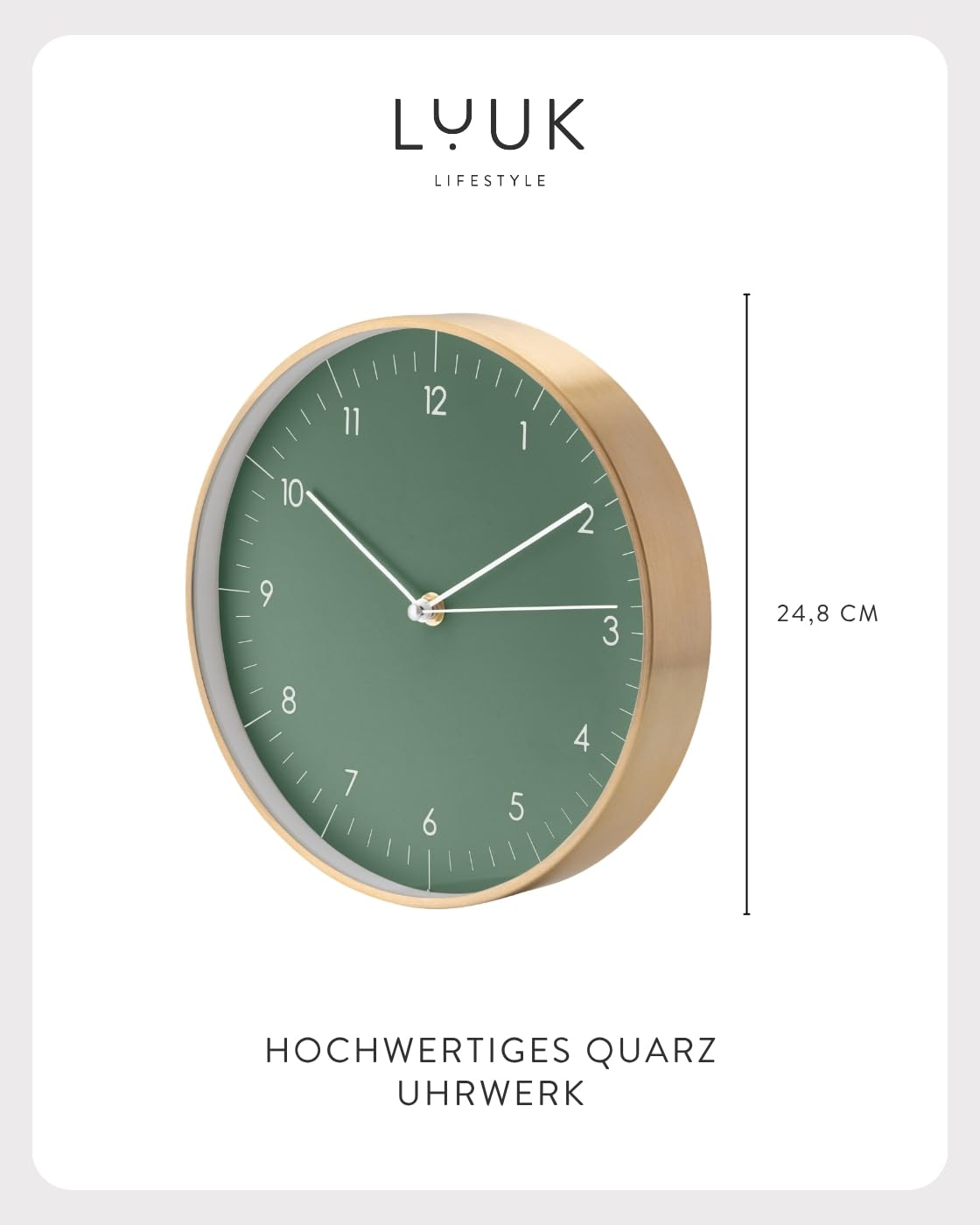 LUUK LIFESTYLE Moderne Quarz Wanduhr, Geräuschlos, 24,8cm, Dunkelgrün