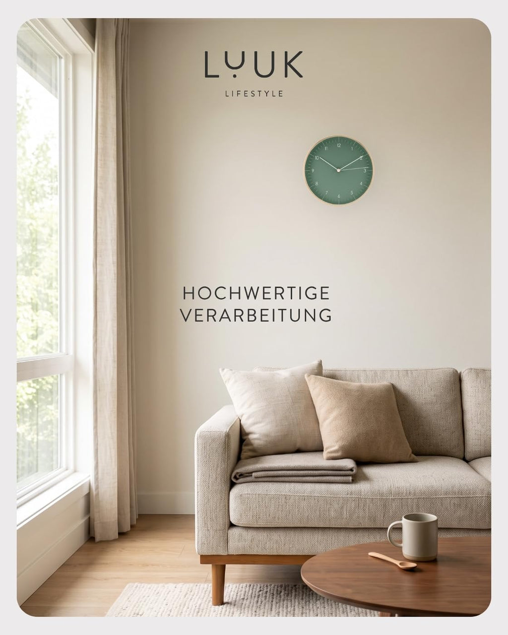 LUUK LIFESTYLE Moderne Quarz Wanduhr, Geräuschlos, 24,8cm, Dunkelgrün