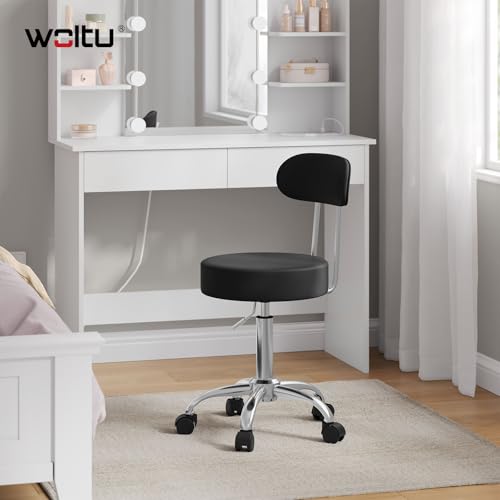WOLTU Rollhocker, Hocker mit Rollen und Lehne, Kunstleder, Schwarz