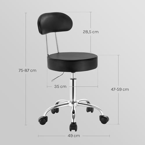 WOLTU Rollhocker, Hocker mit Rollen und Lehne, Kunstleder, Schwarz