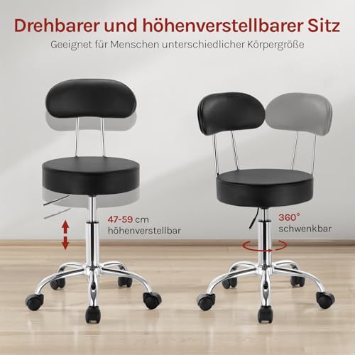 WOLTU Rollhocker, Hocker mit Rollen und Lehne, Kunstleder, Schwarz