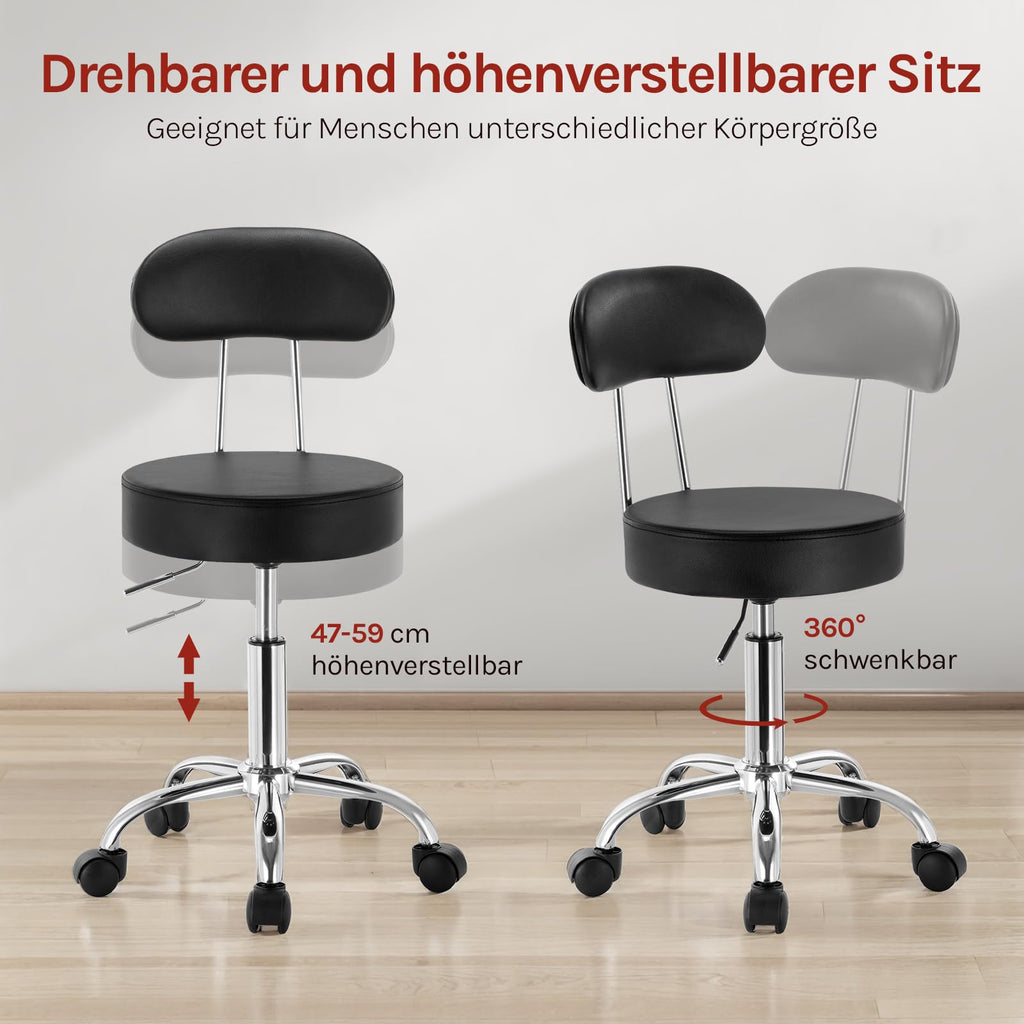 WOLTU Rollhocker, Hocker mit Rollen und Lehne, Kunstleder, Schwarz