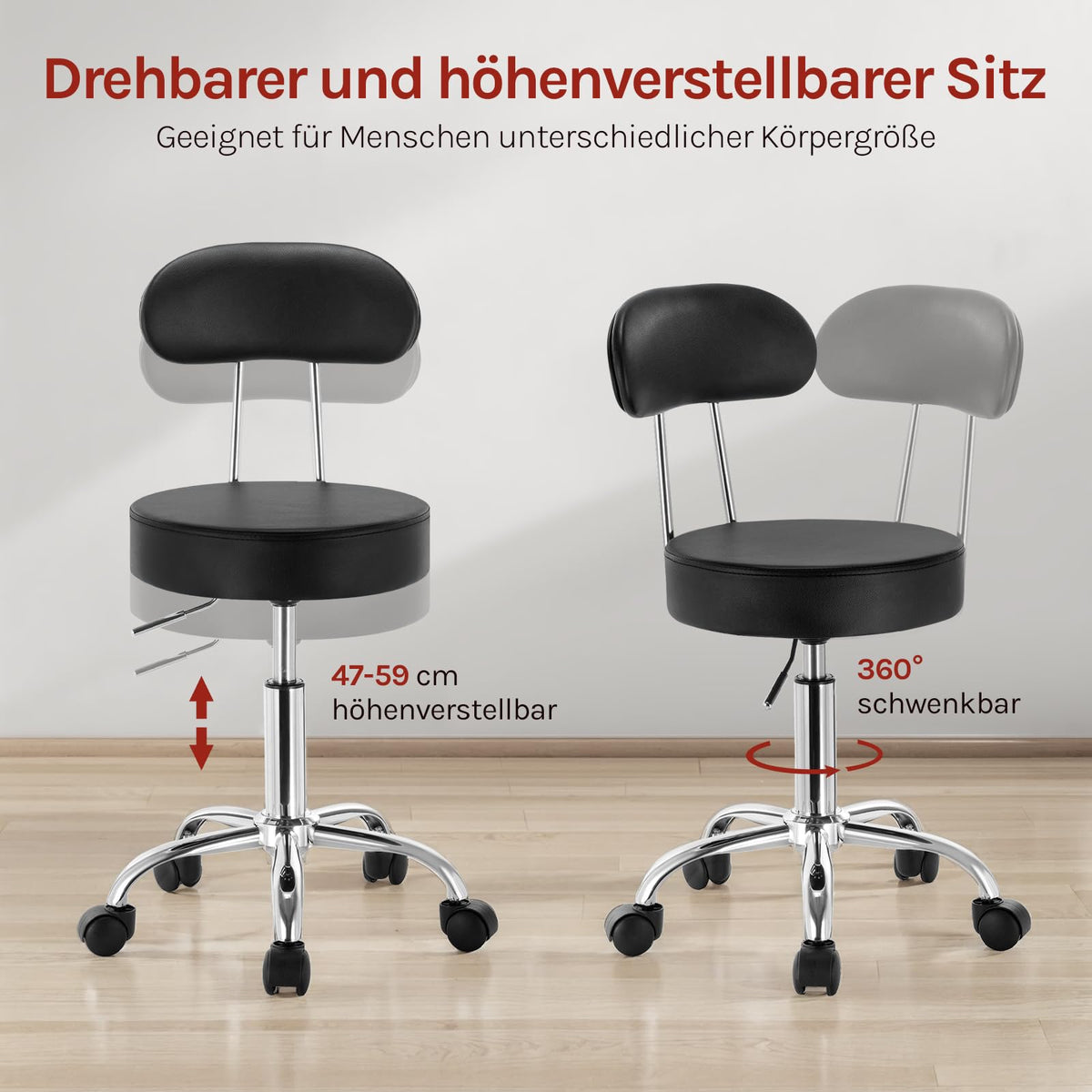 WOLTU Rollhocker, Hocker mit Rollen und Lehne, Kunstleder, Schwarz