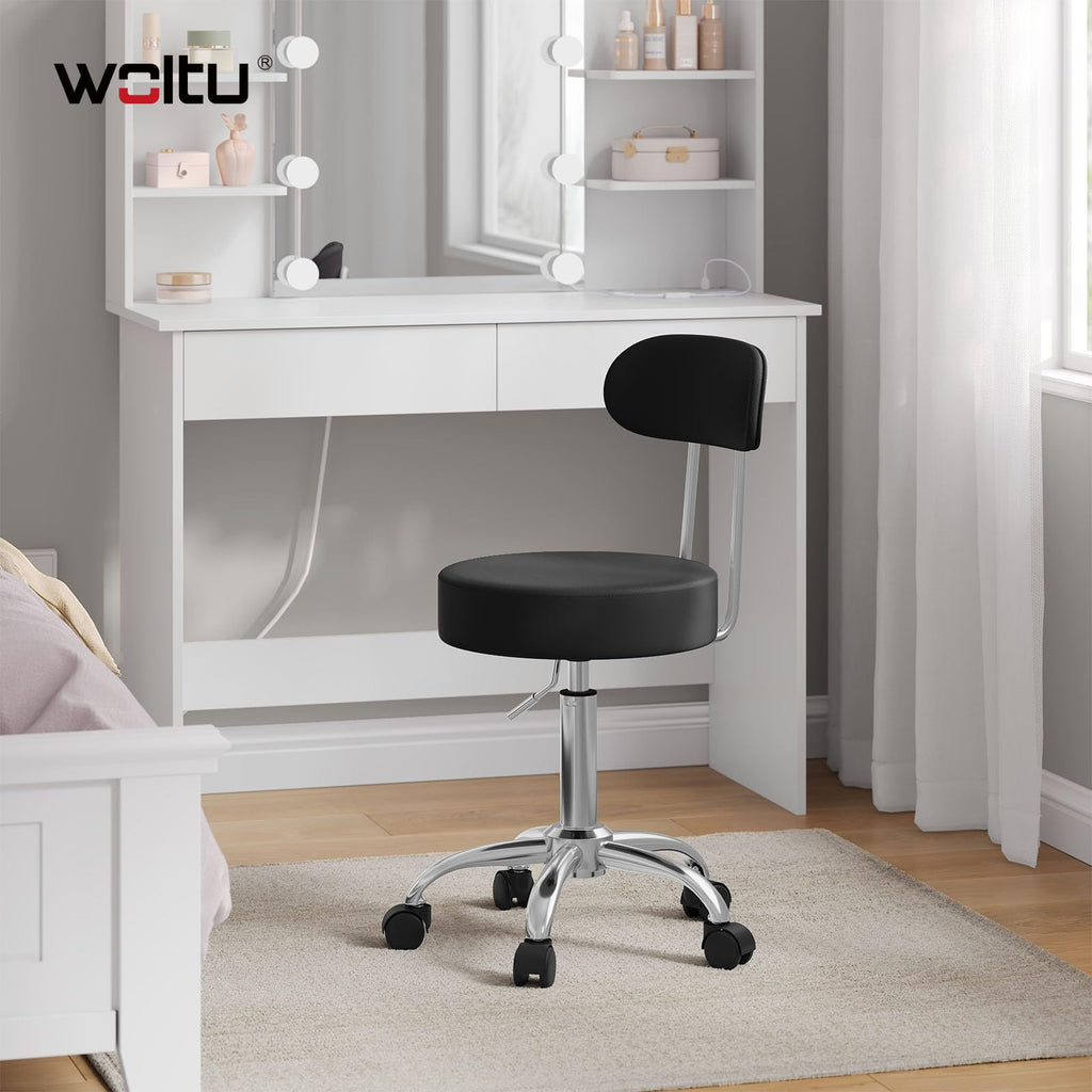 WOLTU Rollhocker, Hocker mit Rollen und Lehne, Kunstleder, Schwarz