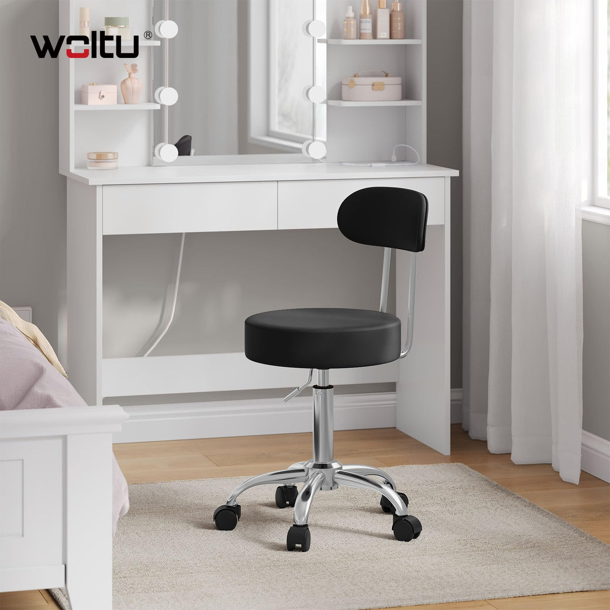 WOLTU Rollhocker, Hocker mit Rollen und Lehne, Kunstleder, Schwarz