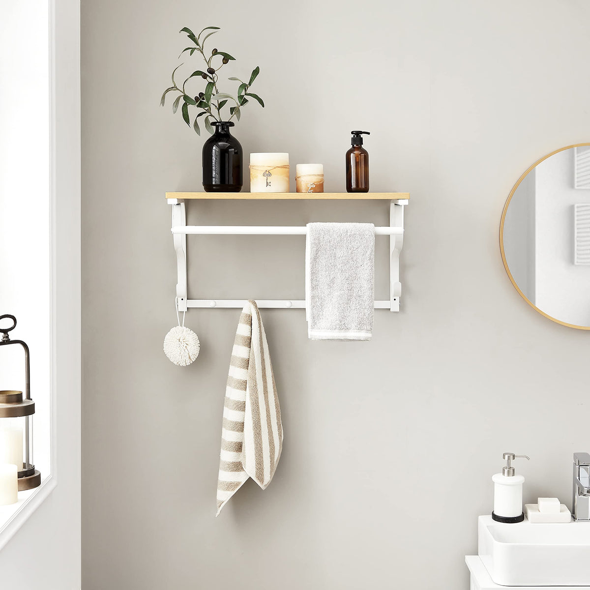 VASAGLE Wandgarderobe, Wandregal mit 5 Haken und Ablage, Hakenleiste