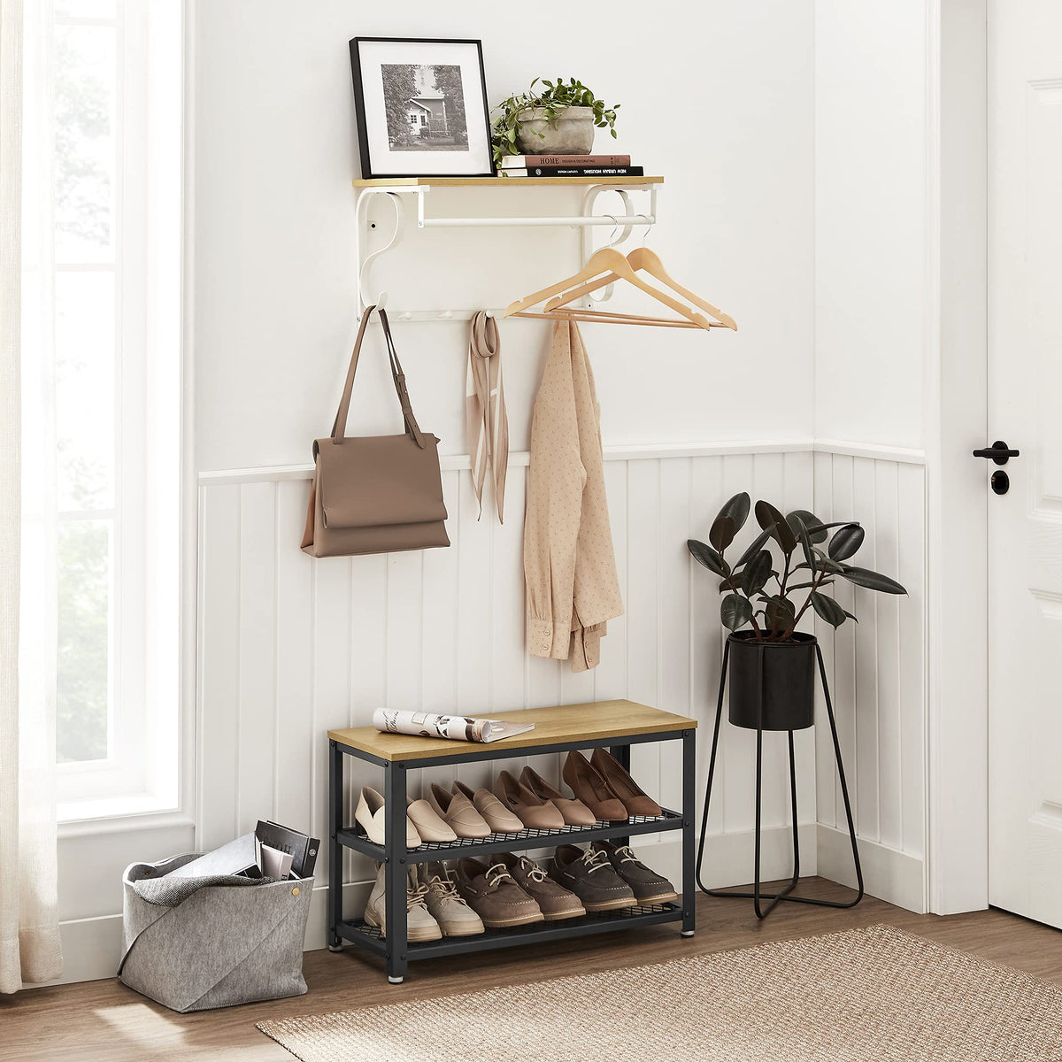 VASAGLE Wandgarderobe, Wandregal mit 5 Haken und Ablage, Hakenleiste