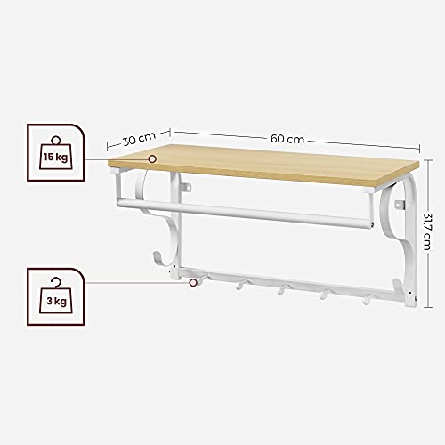 VASAGLE Wandgarderobe, Wandregal mit 5 Haken und Ablage, Hakenleiste