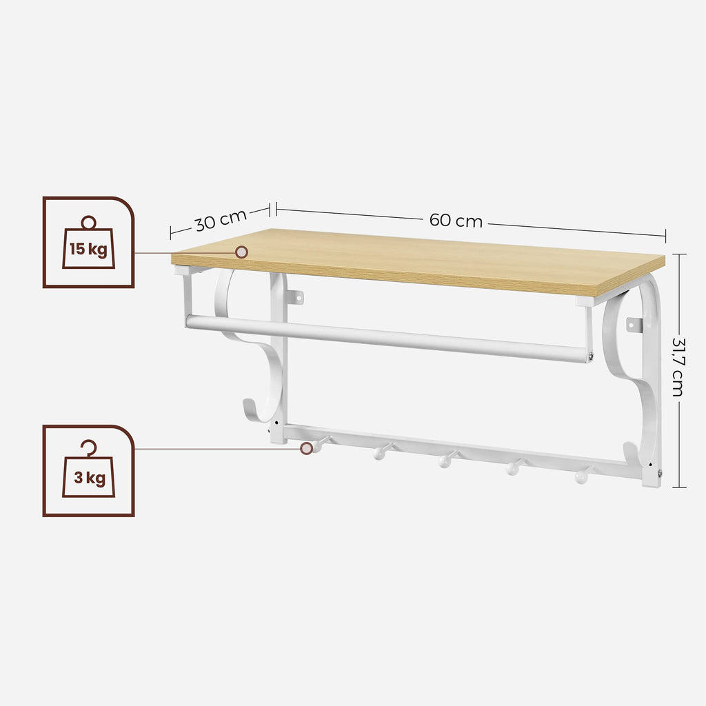VASAGLE Wandgarderobe, Wandregal mit 5 Haken und Ablage, Hakenleiste