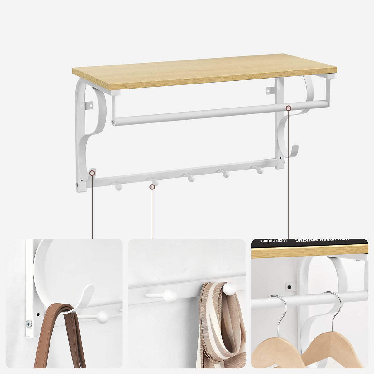 VASAGLE Wandgarderobe, Wandregal mit 5 Haken und Ablage, Hakenleiste