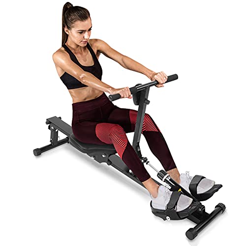Dioche Rudergerät für Zuhause, zusammenklappbar, mit verstellbarem Pedalriemen, Piston-Widerstand, LCD-Display, Schwarz, bis zu 120 kg Tragfähigkeit