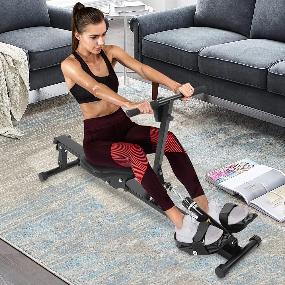 Dioche Rudergerät für Zuhause, zusammenklappbar, mit verstellbarem Pedalriemen, Piston-Widerstand, LCD-Display, Schwarz, bis zu 120 kg Tragfähigkeit