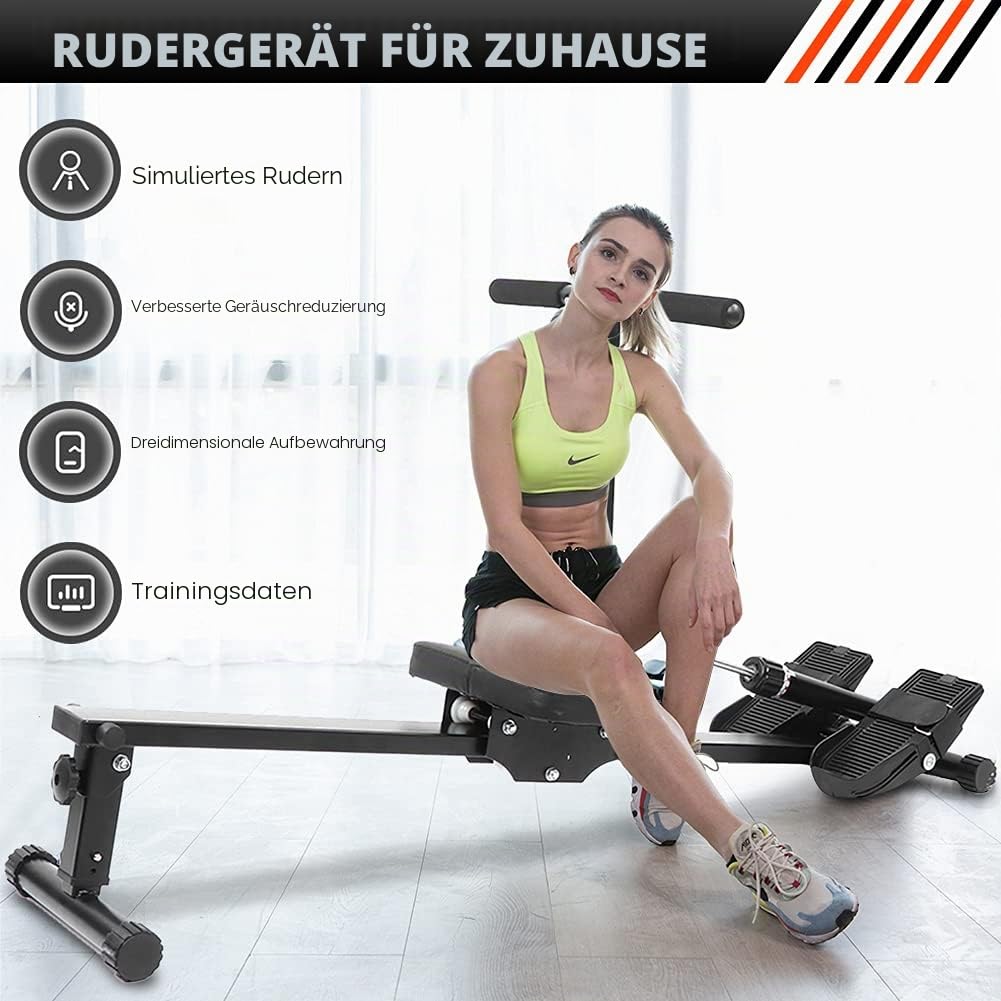 Dioche Rudergerät für Zuhause, zusammenklappbar, mit verstellbarem Pedalriemen, Piston-Widerstand, LCD-Display, Schwarz, bis zu 120 kg Tragfähigkeit